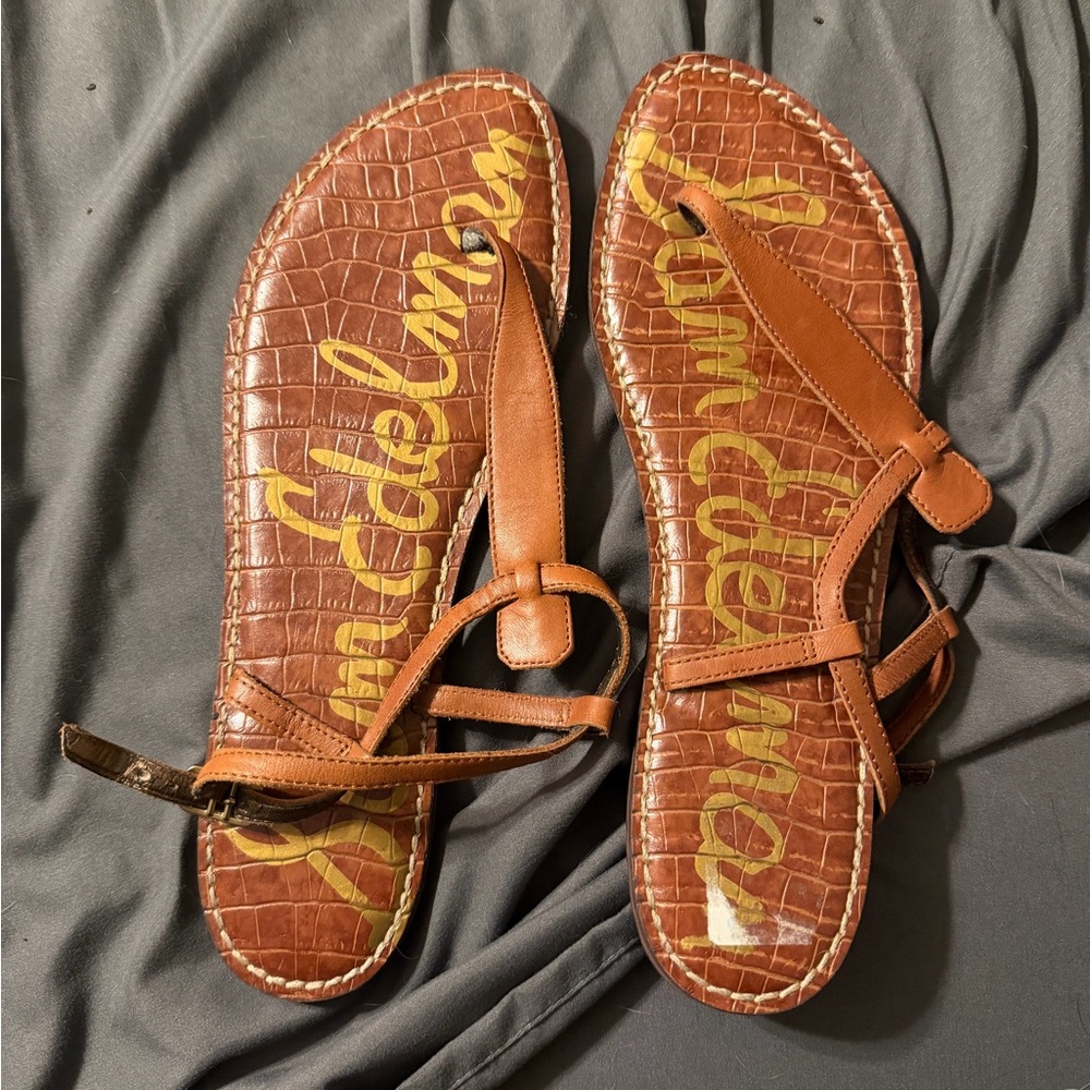 Sam Edelman Cognac Brown Leather T-Strap Sandals
